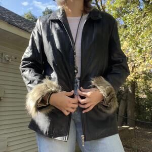 Black Fur Leather PennyLane Coat - Upcycled